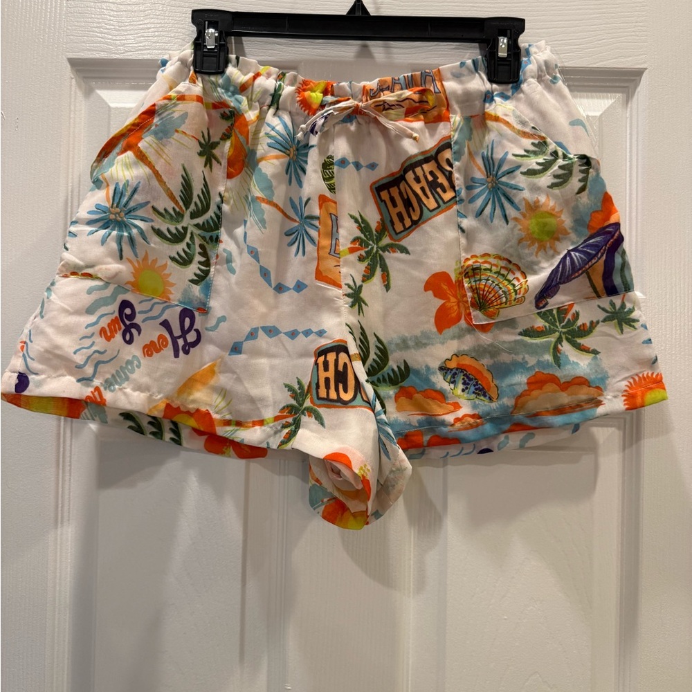 Y2K Violet Sky White Tropical Print Drawstring Shorts